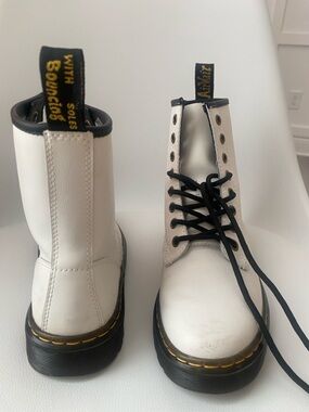 Dr. Martens White Leather Lace-Up Combat Boots with Black Laces